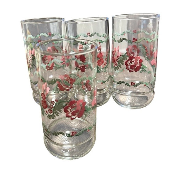 Other - Vintage Floral Tumbler Glasses Pink Flowers Mid Century Iced Tea Set Of 4